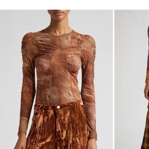 Strada Arc Ruched Textured Brown Long Sleeve Top New w Tags Size Medium #luxury